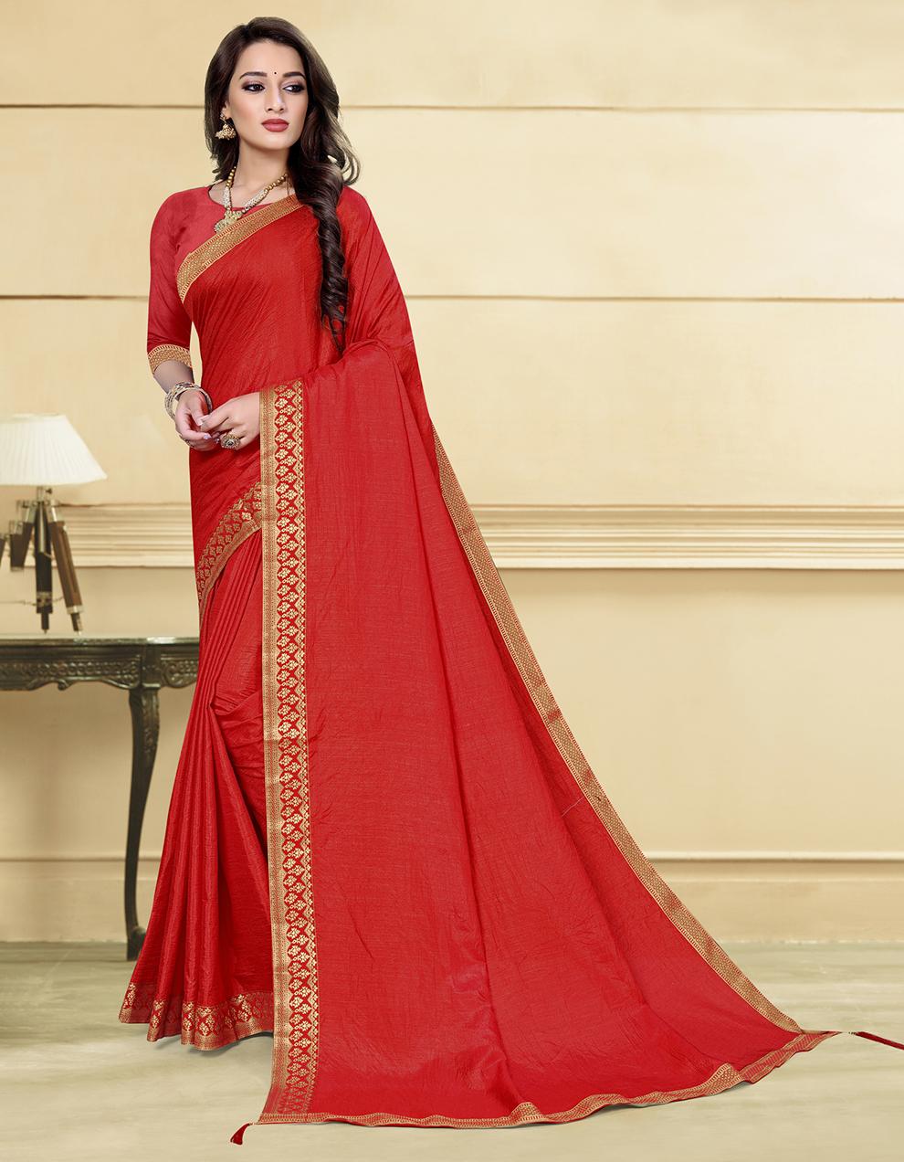 Red Vichitra Silk Saree With Blouse IW26998
