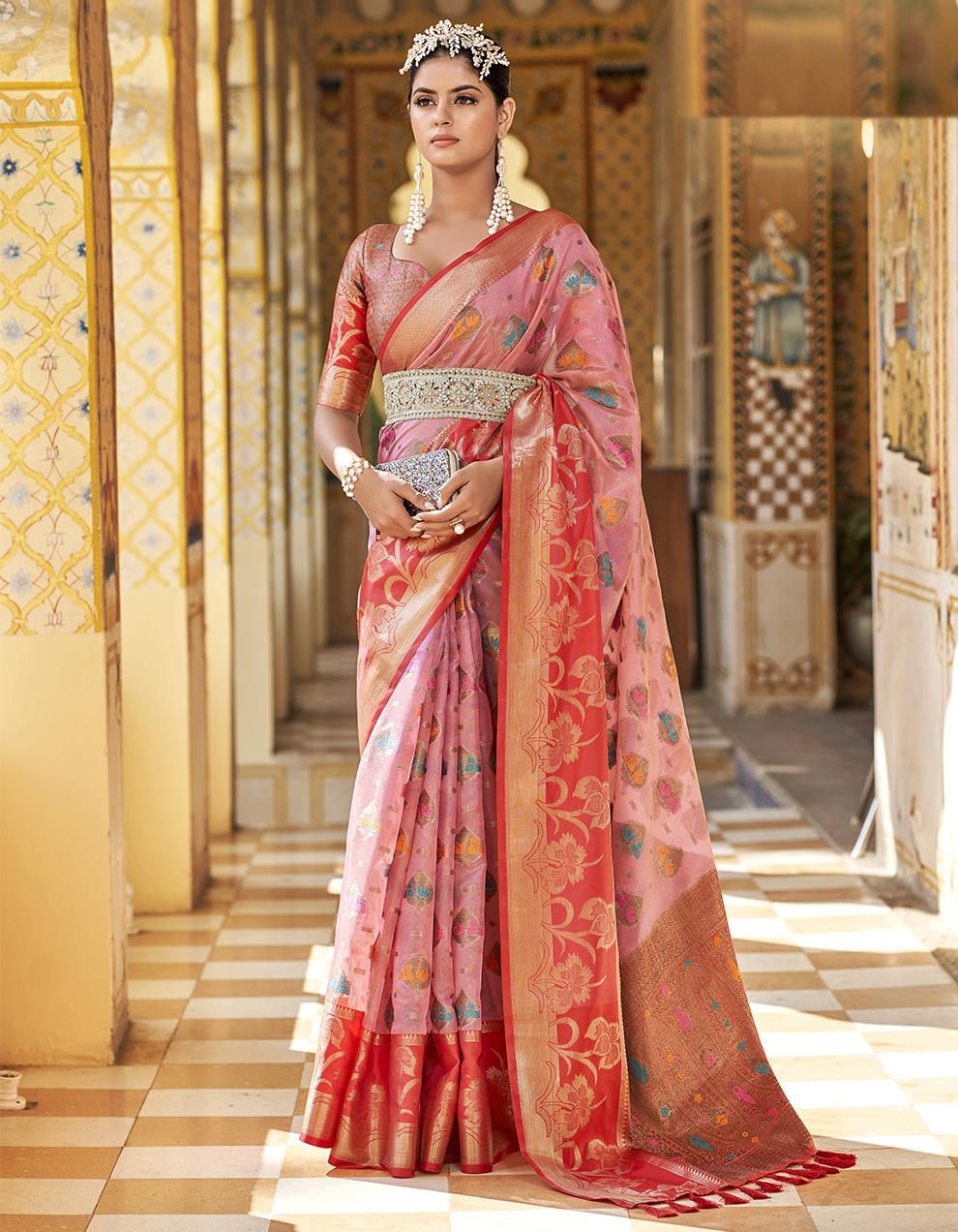 Pink Tissue Silk Saree for Women With Blouse SD27564