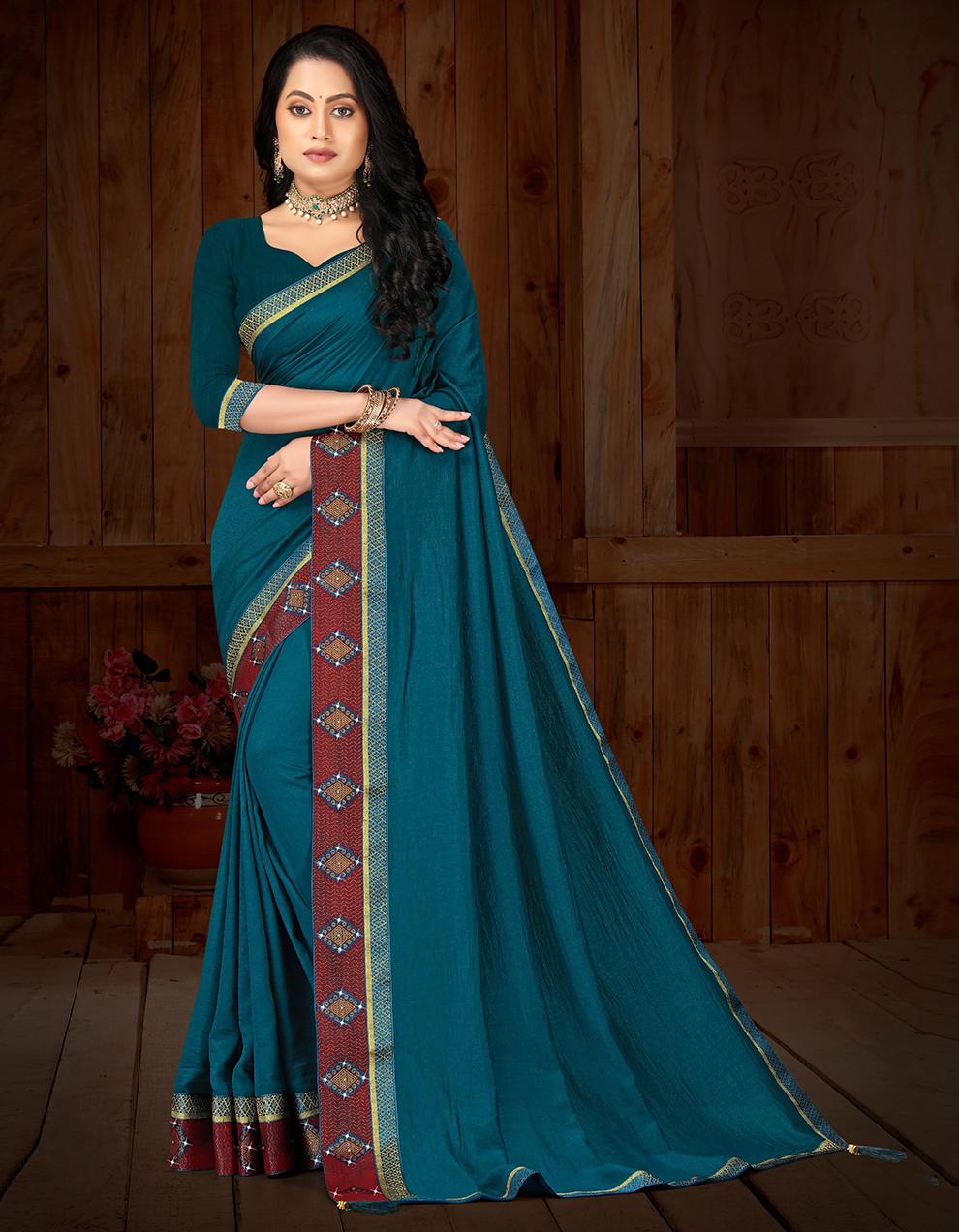 Teal Blue Vichitra silk Saree With Blouse IW24829