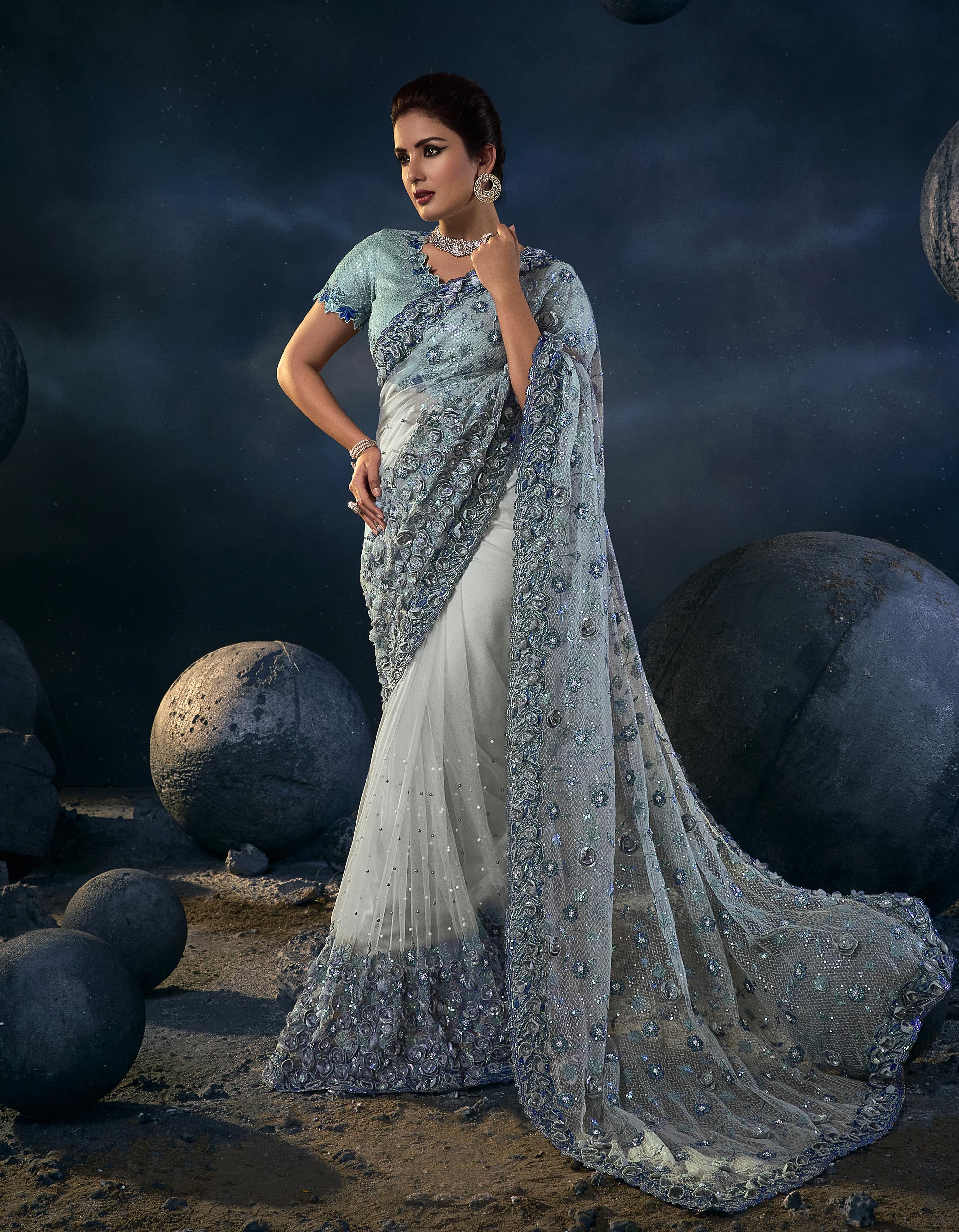 Light Blue Net Party Wear Saree for Women With Blouse SD27079