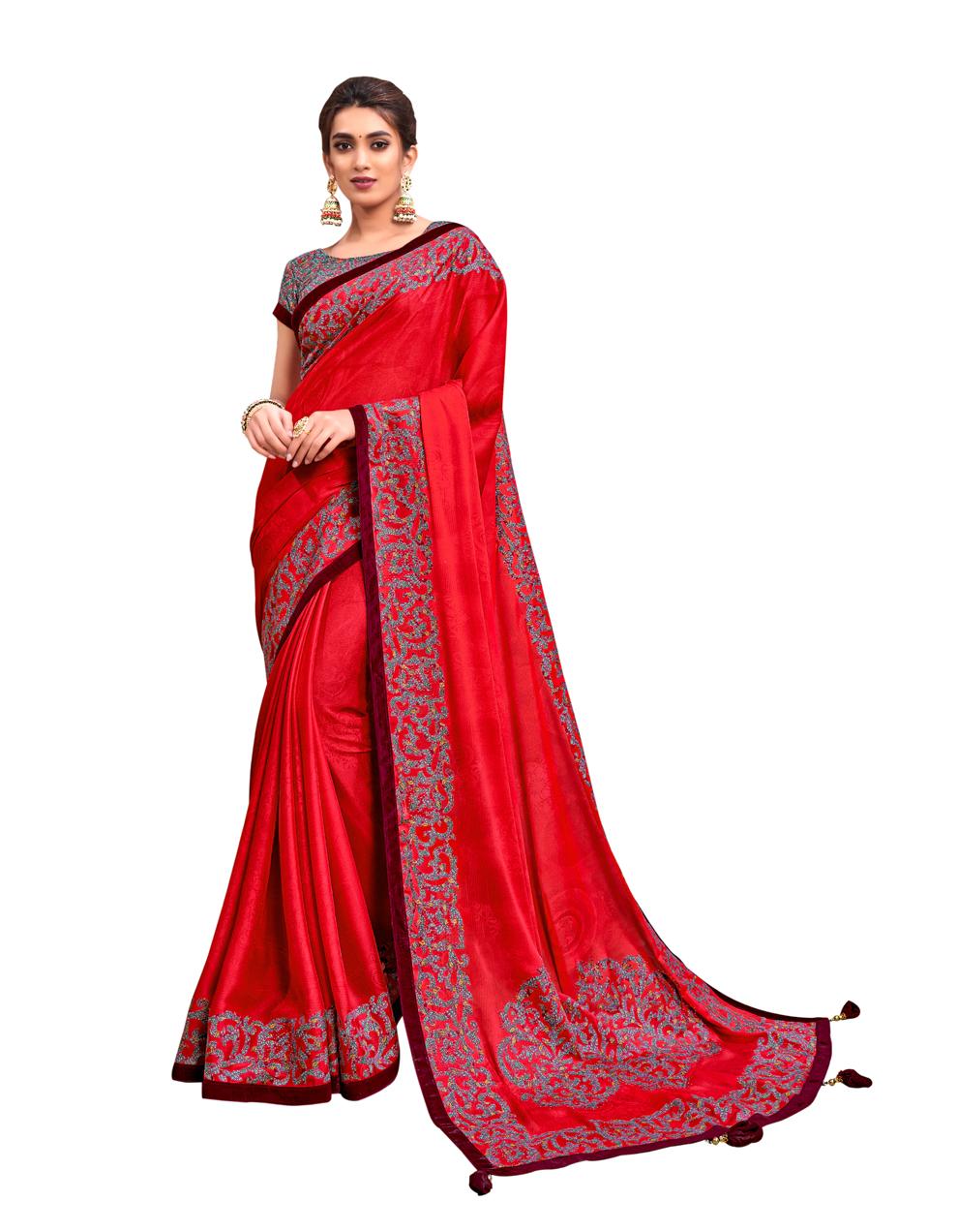 Tomato Red Silk Georgette Saree With Blouse MH24008