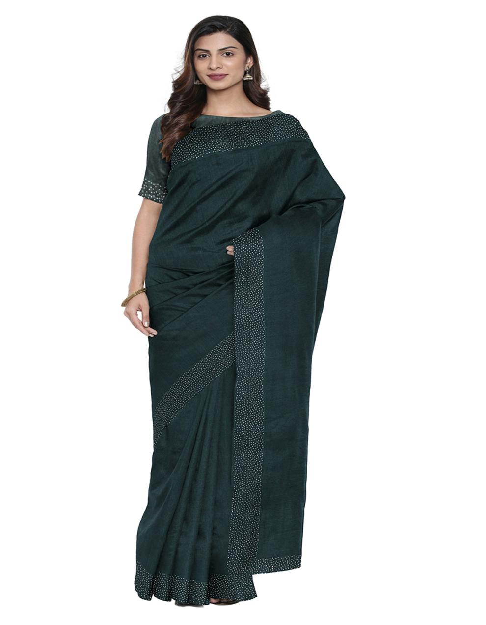 Dark Green Vichitra Silk Saree With Blouse DB20915