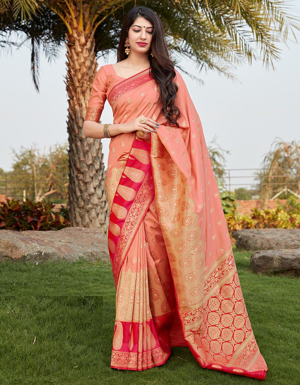 Peach Banarasi Silk Saree With Blouse SD25866