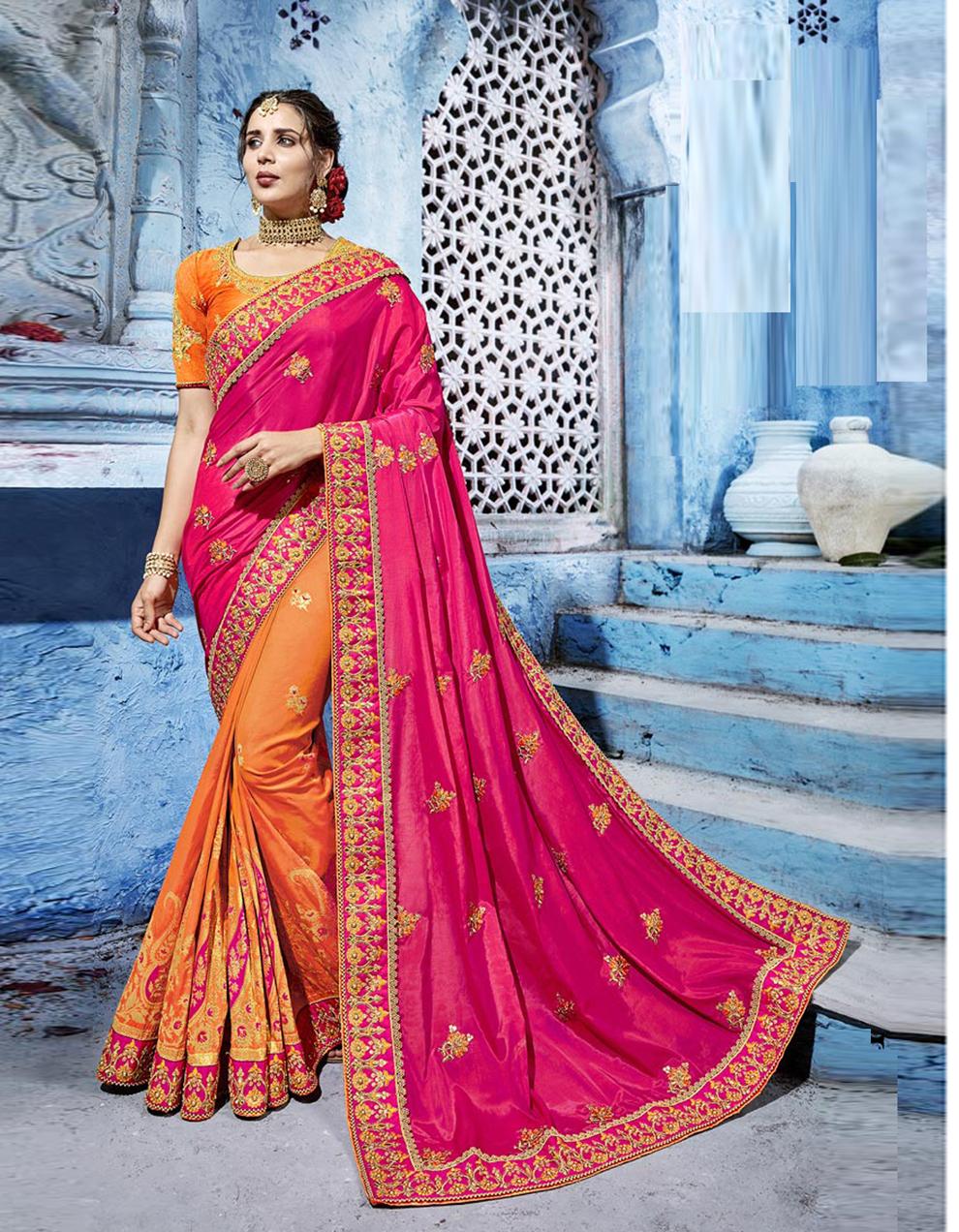 Orange And Pink Silk Saree With Blouse SD18731