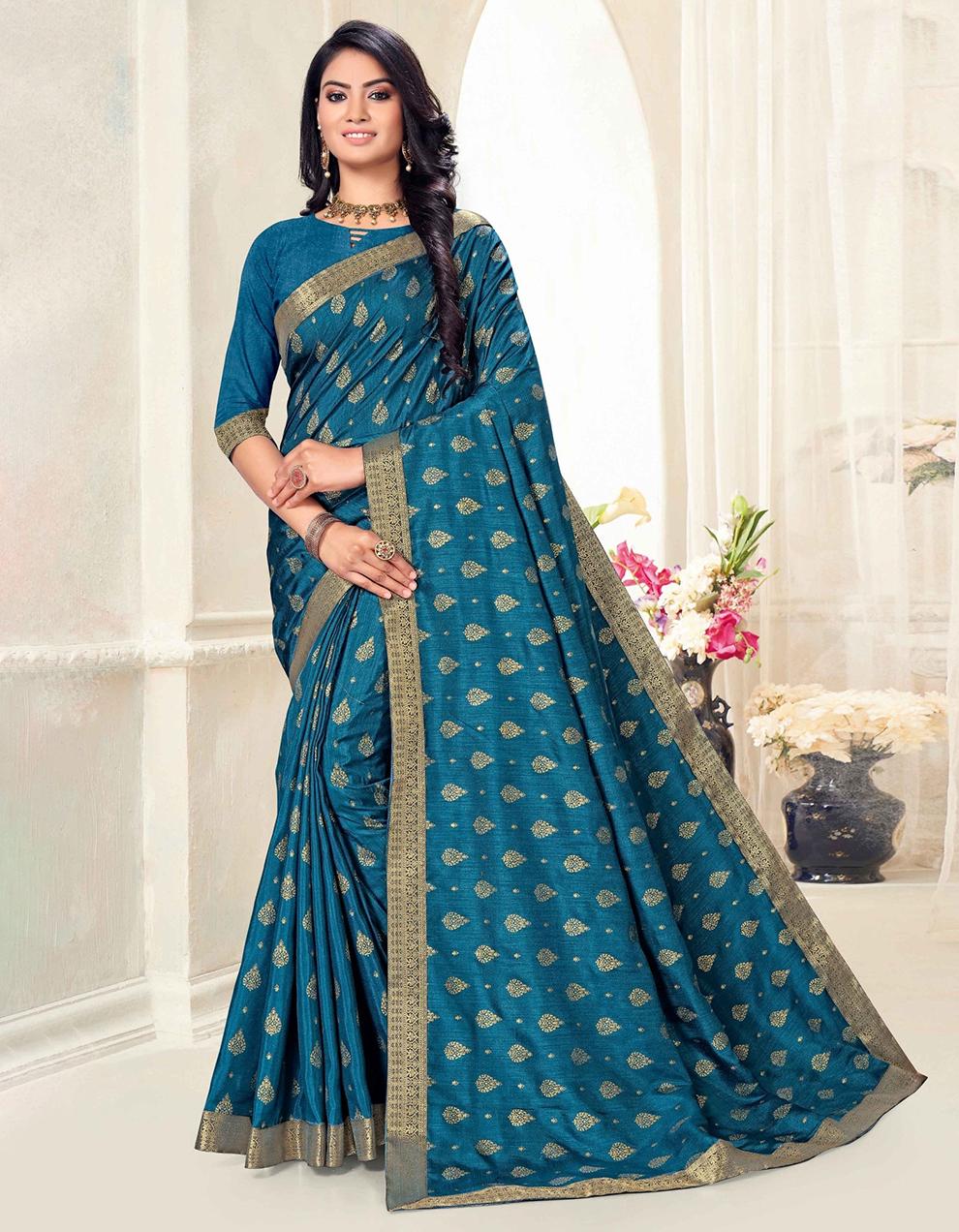 Teal Blue Vichitra Silk Saree With Blouse IW27011