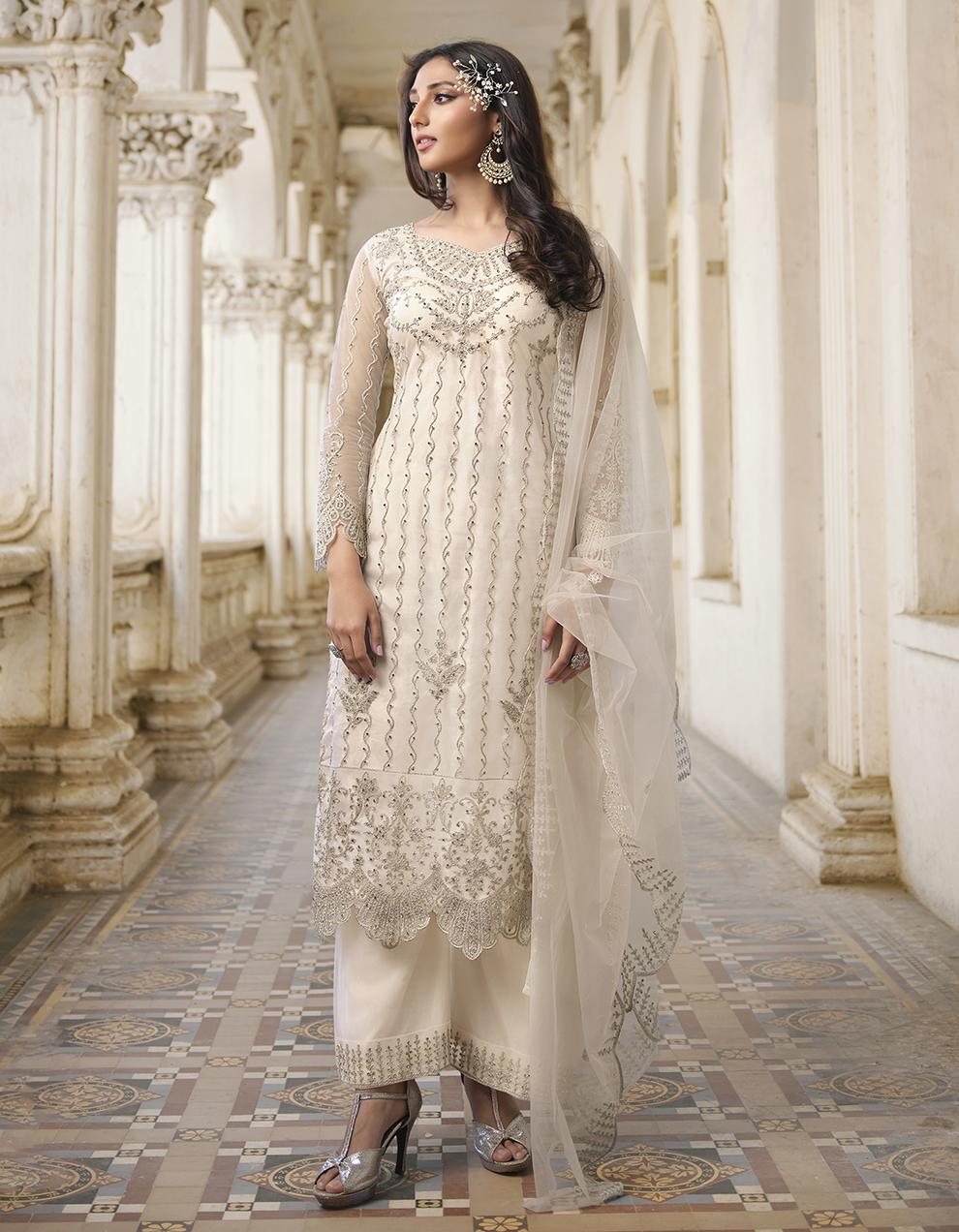 White Net Straight Suit with Dupatta SAF8773