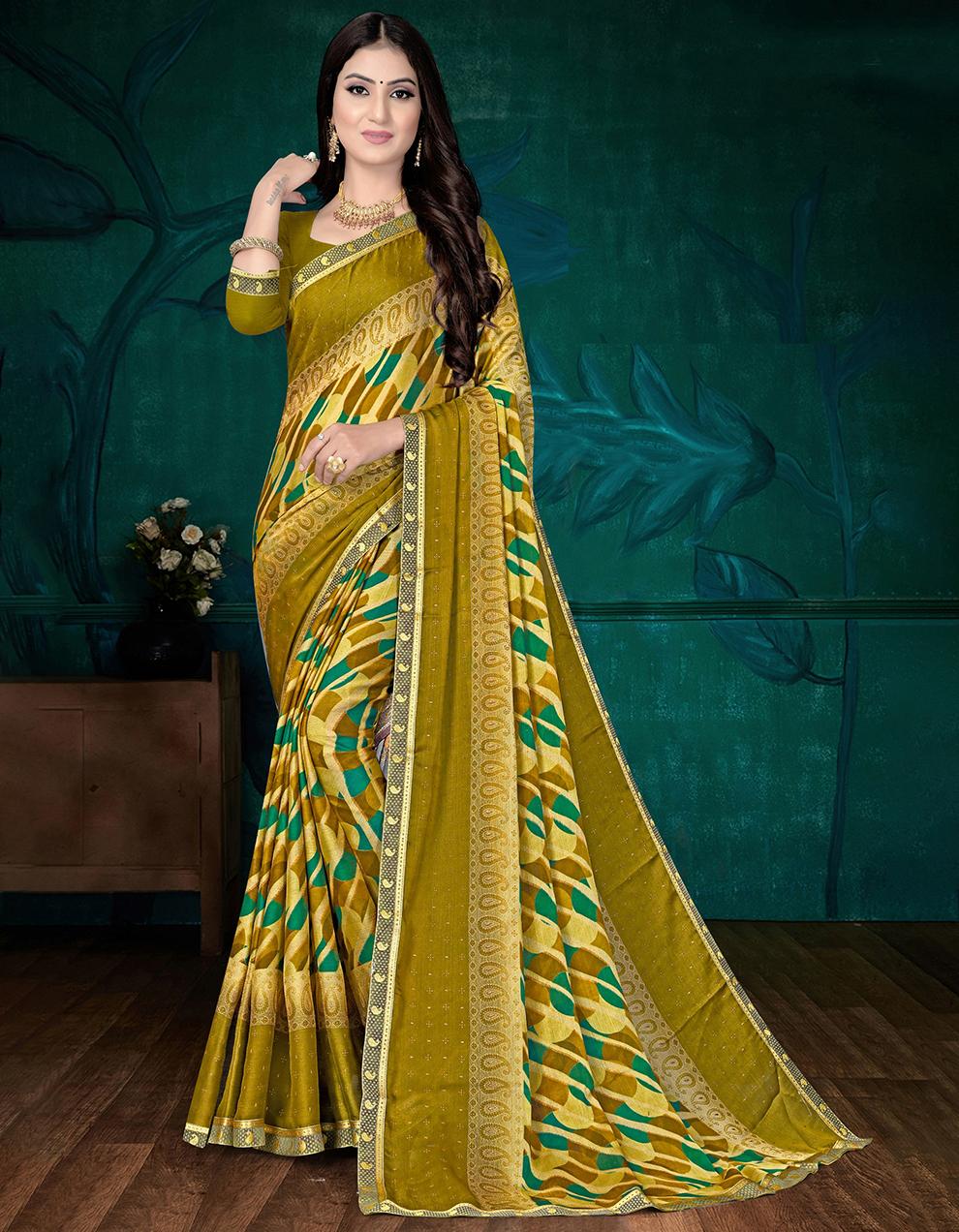 Green Moss Chiffon Saree With Blouse IW24774