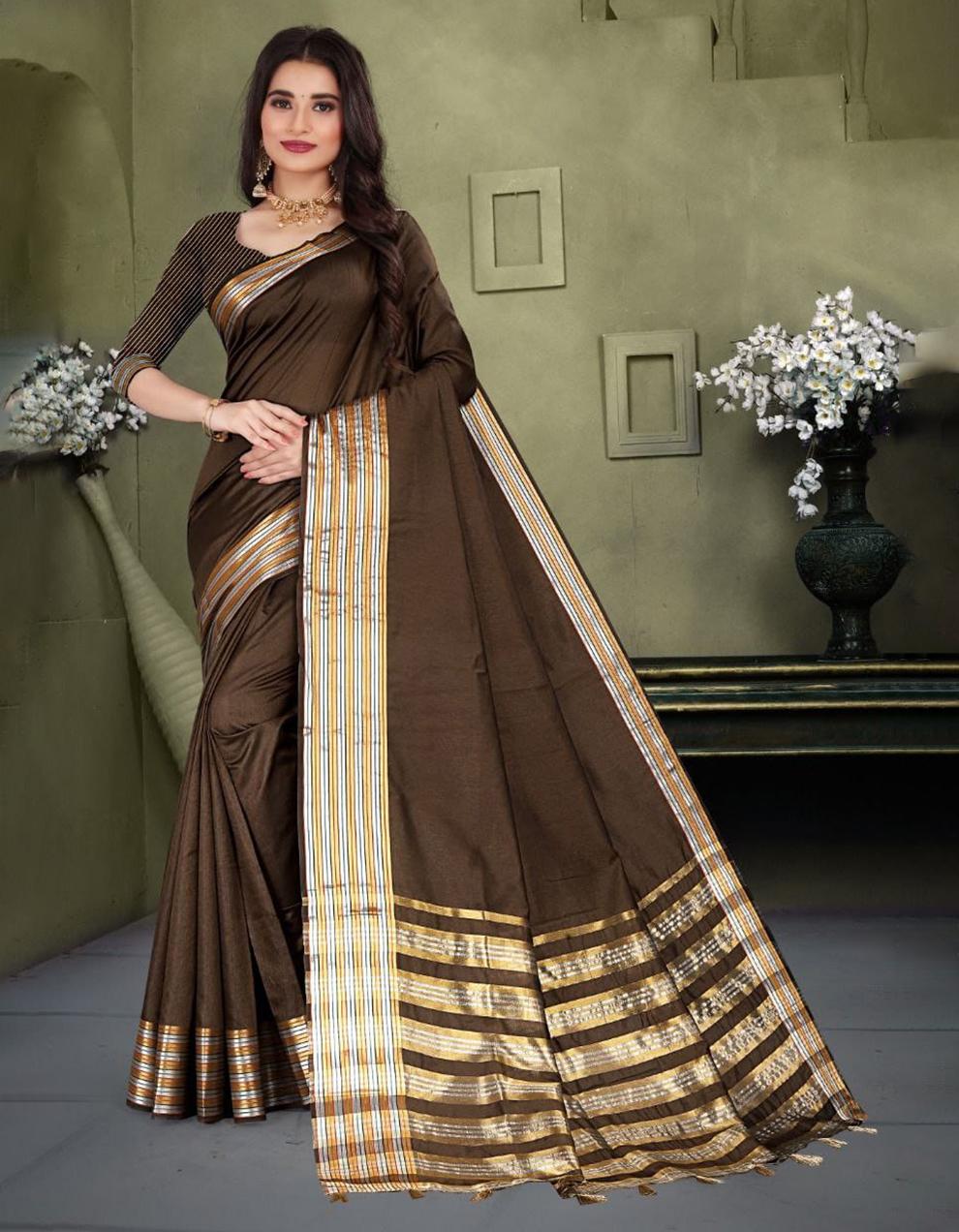 Brown Cotton Saree With Blouse MK25431
