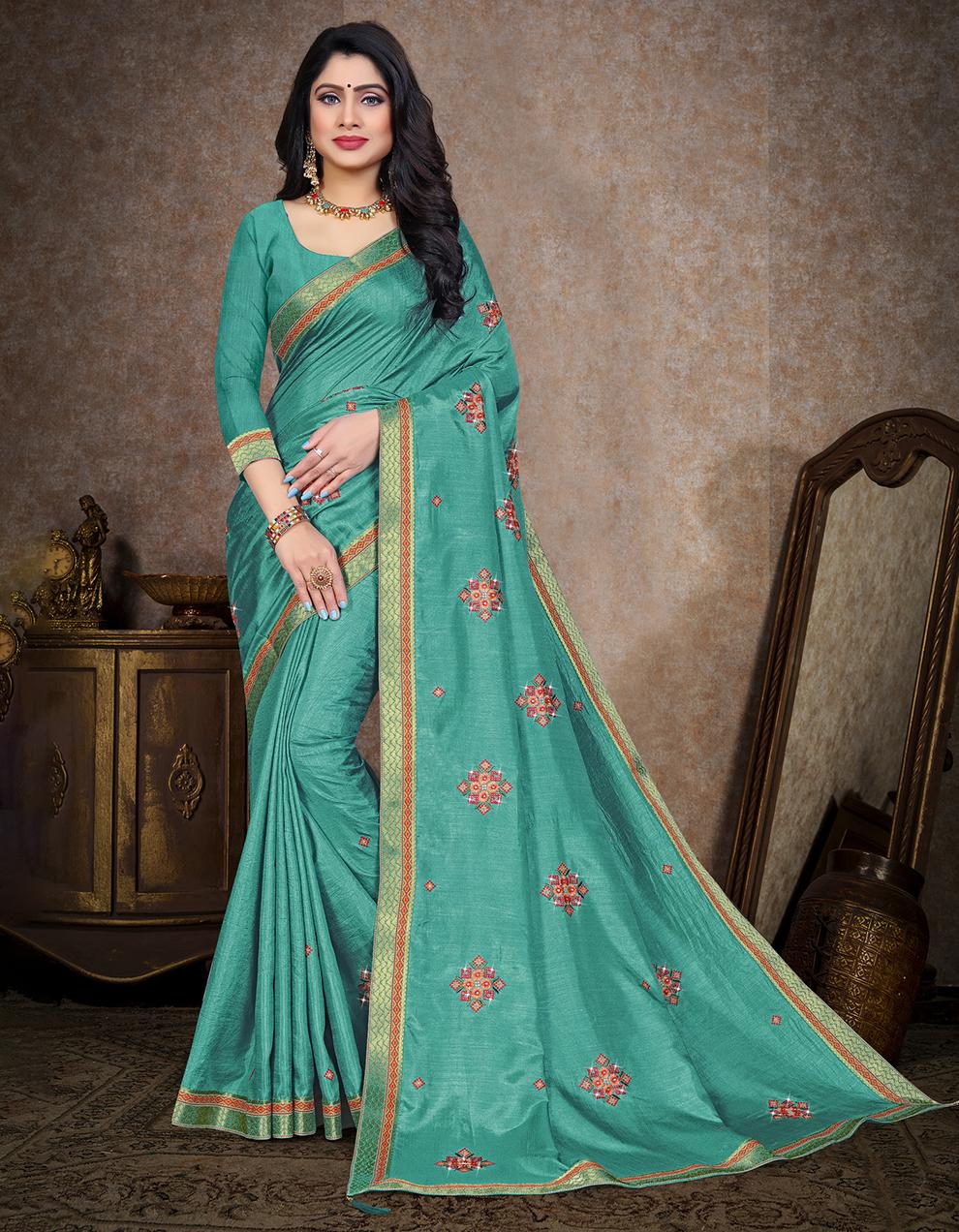 Turquoise Green Vichitra Silk Saree With Blouse IW26976