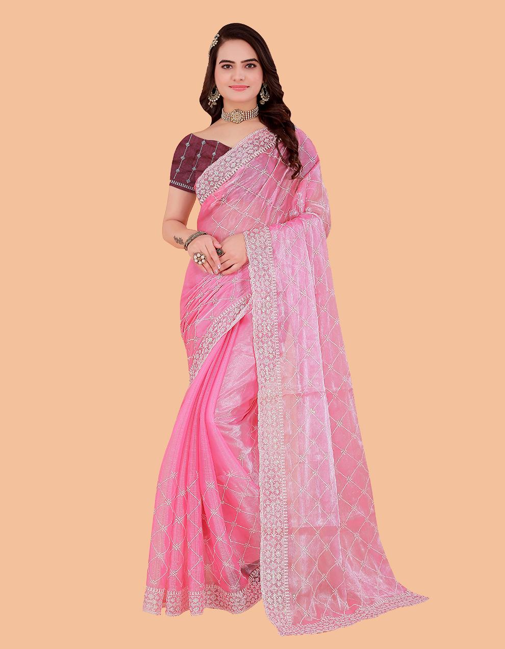 PINK Organza Saree for Women With Blouse SD29122