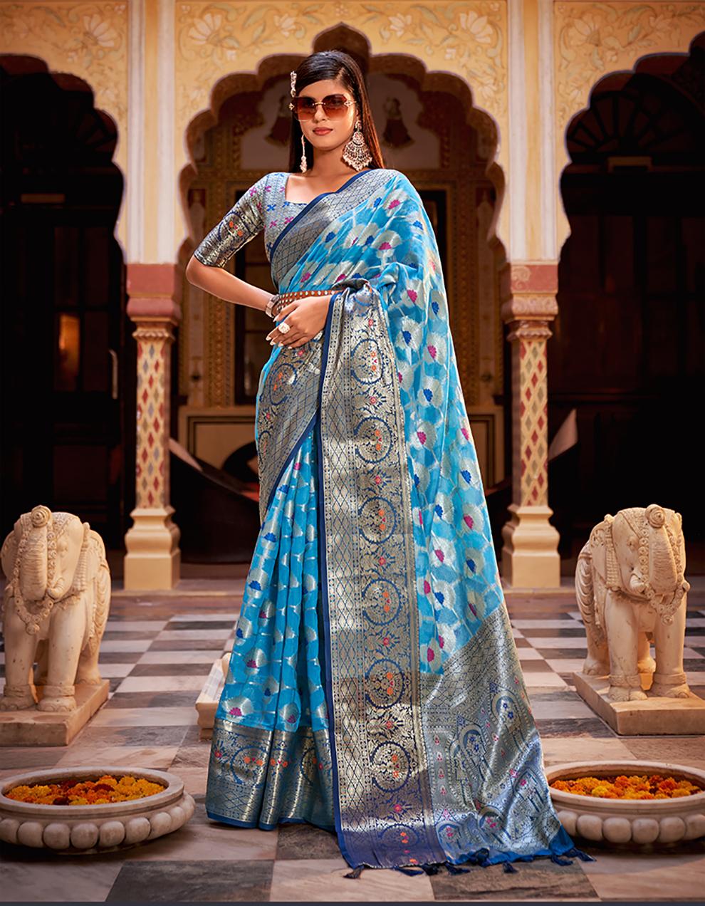 Blue Tissue Silk Saree for Women With Blouse SD27545