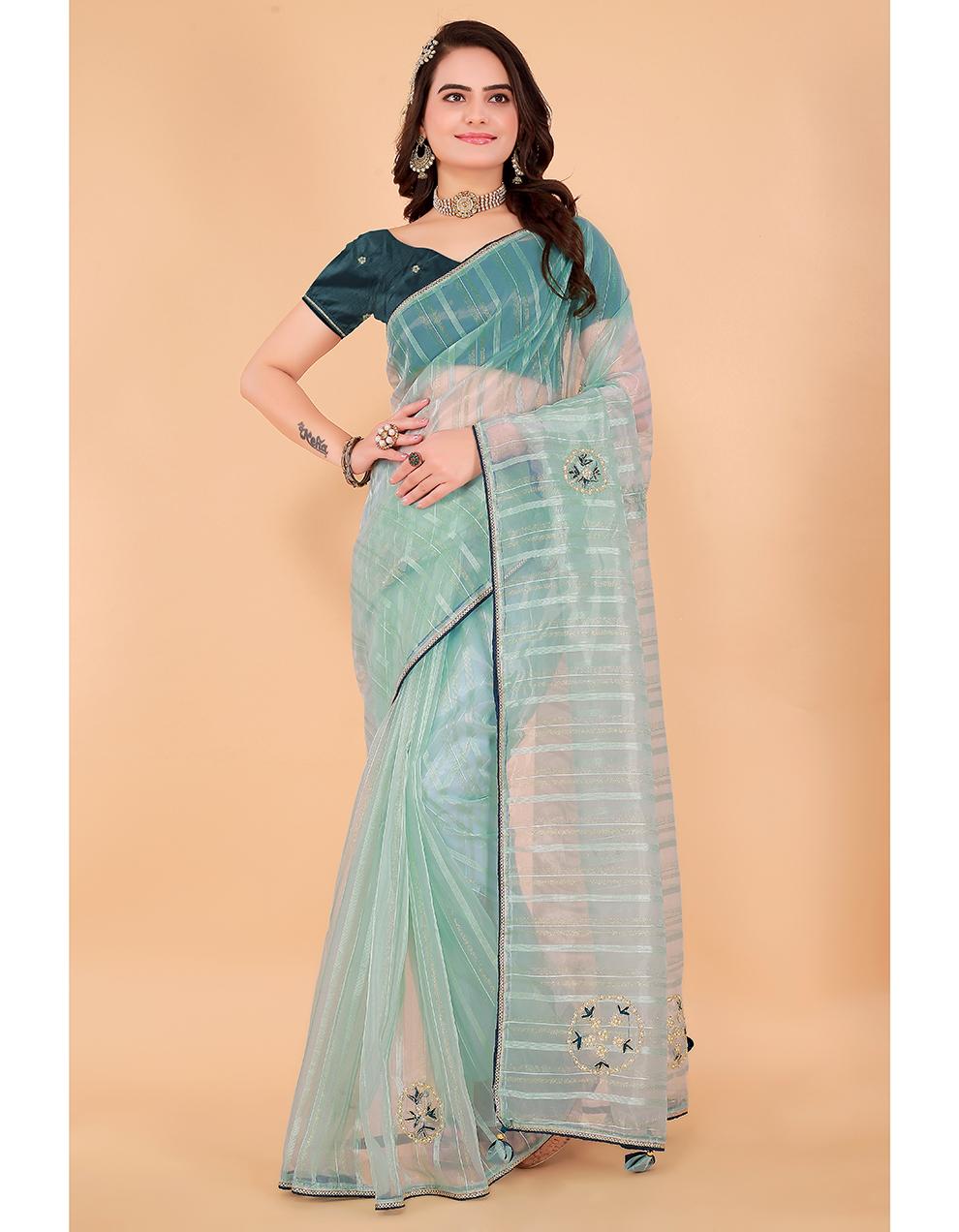 green Organza Saree for Women With Blouse SD29108