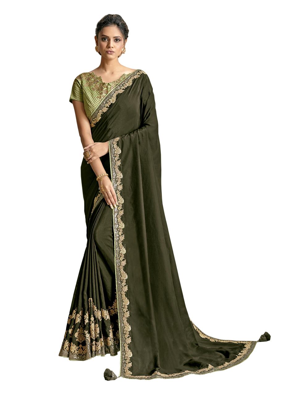 Olive Green Crepe Silk Saree With Blouse MH23948