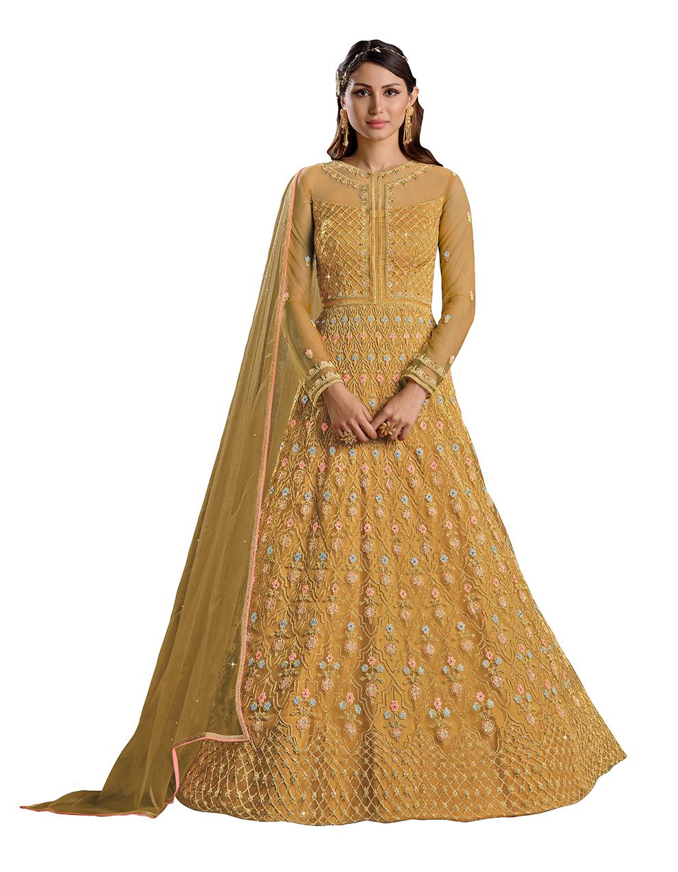 Mustard yellow Net Anarkali Suit with Heavy Embroidery Work SAF8648