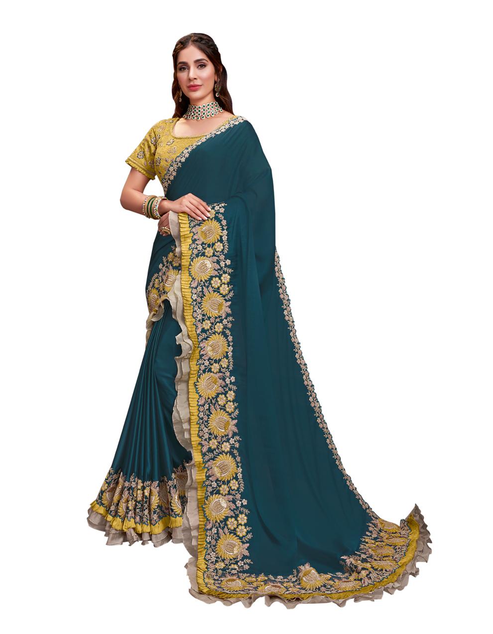 Teal blue Silk georgette Saree With Stitched Blouse MH23229