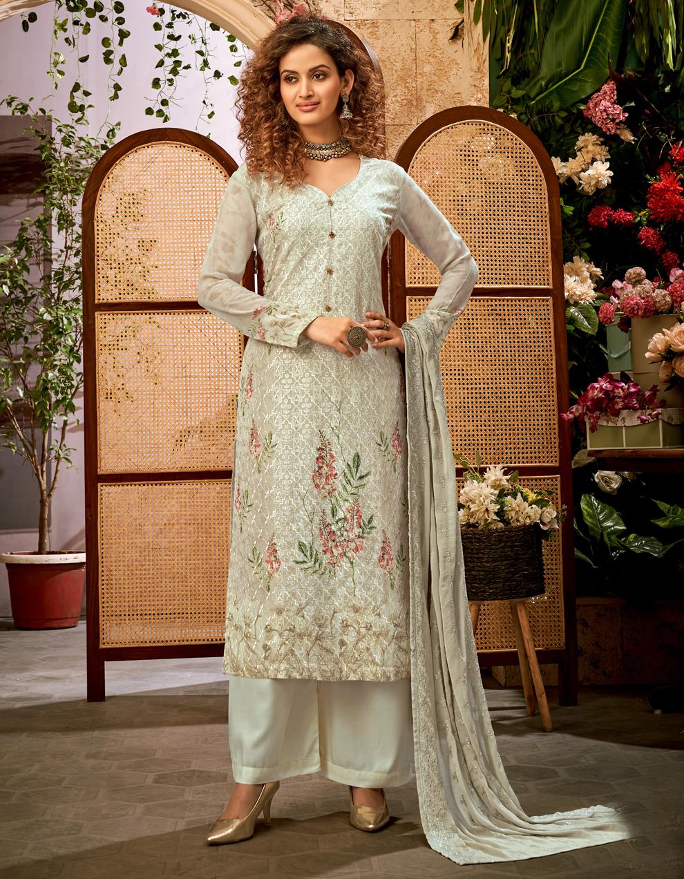 Green Pure Viscose Bemberg Georgette Straight Suit SHL8589