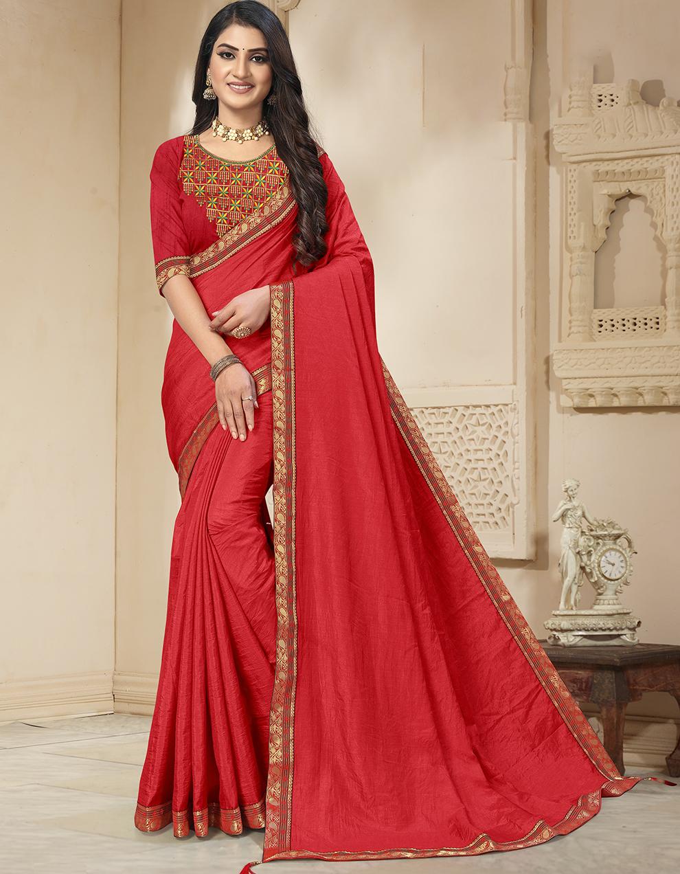 Red Vichitra Silk Saree With Blouse IW27046