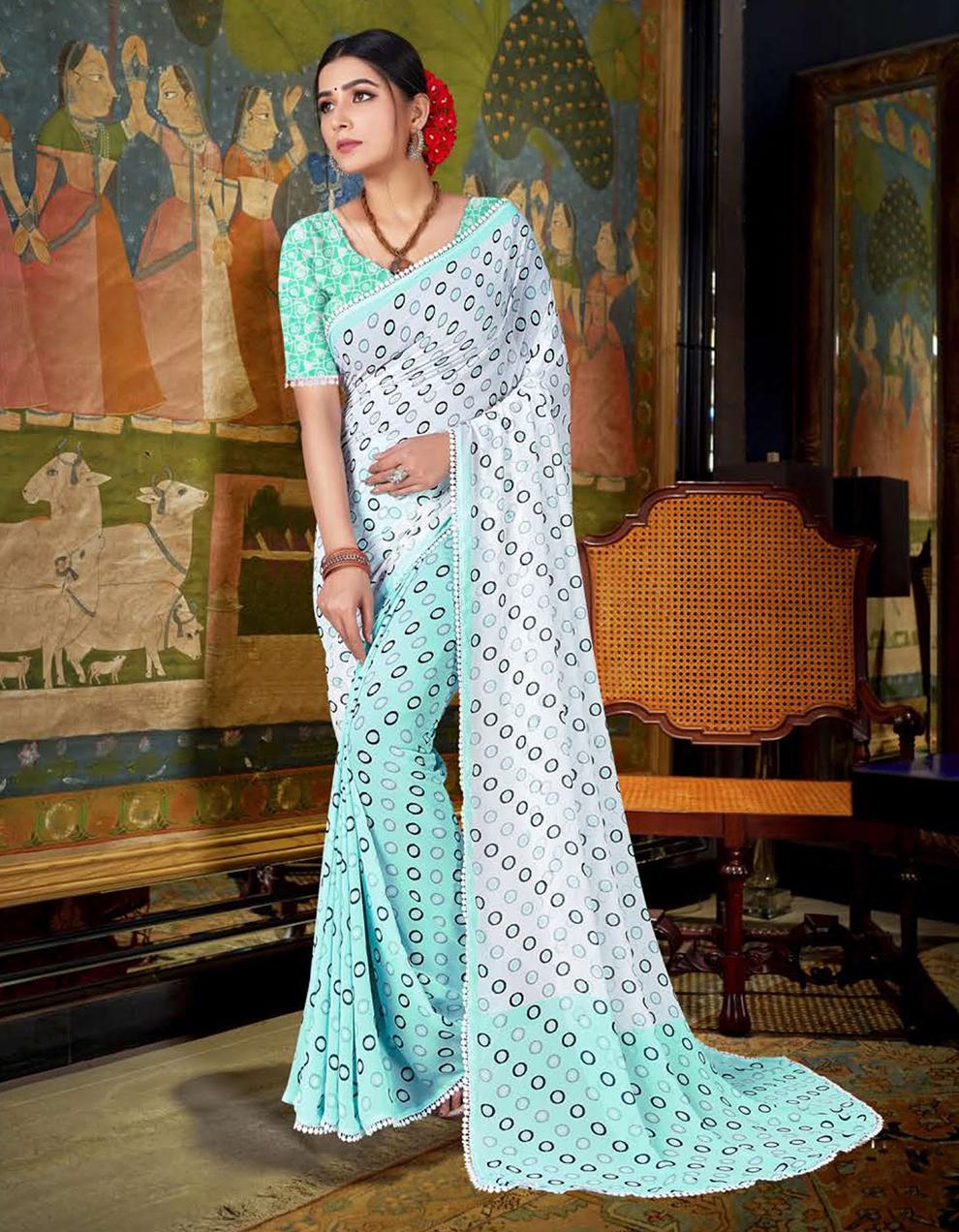 White And Green Georgette Saree With Blouse MK26030