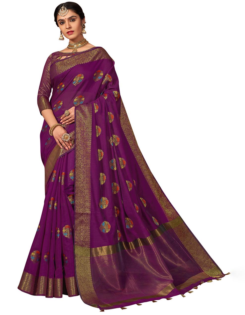 Purple Chanderi Cotton Saree With Blouse MK25594