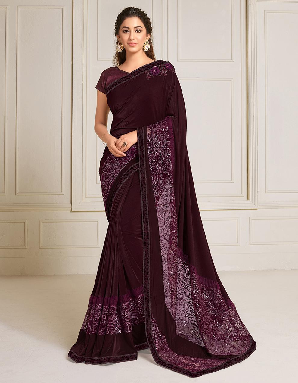 Wine Lycra Saree With Blouse MH23988