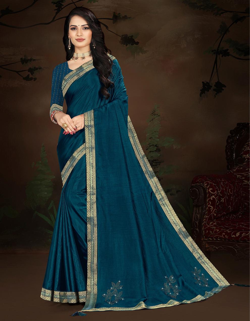 Teal Blue Vichitra silk Saree With Blouse IW24812