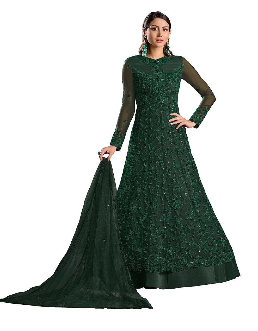 Bottle Green Net Anarkali Suit with Heavy Embroidery Work SAF8646