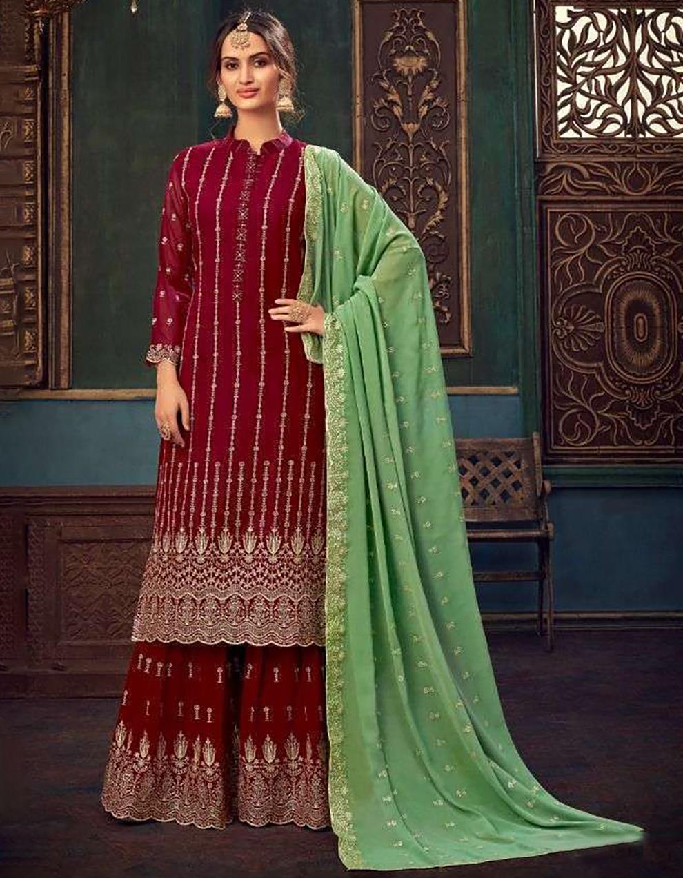 Red Pure Georgette Palazzo Suit with Dupatta SHL8750