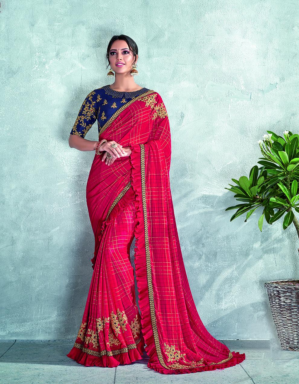 Red Silk Georgette Pre-Plated Saree With Stitched Blouse MH20911