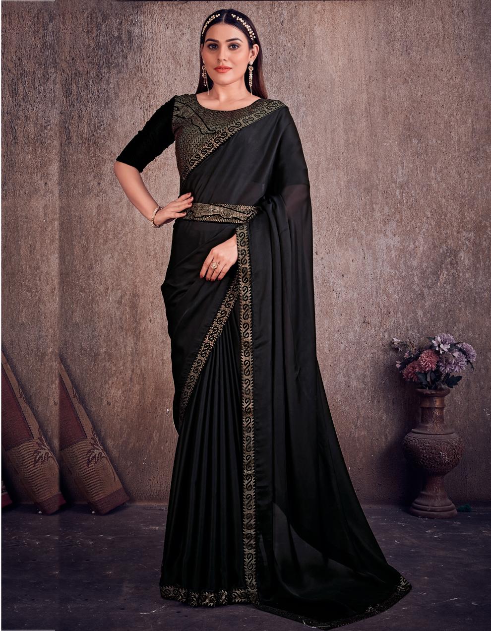 Black Satin Silk And Georgette Saree for Women With Blouse SD27723