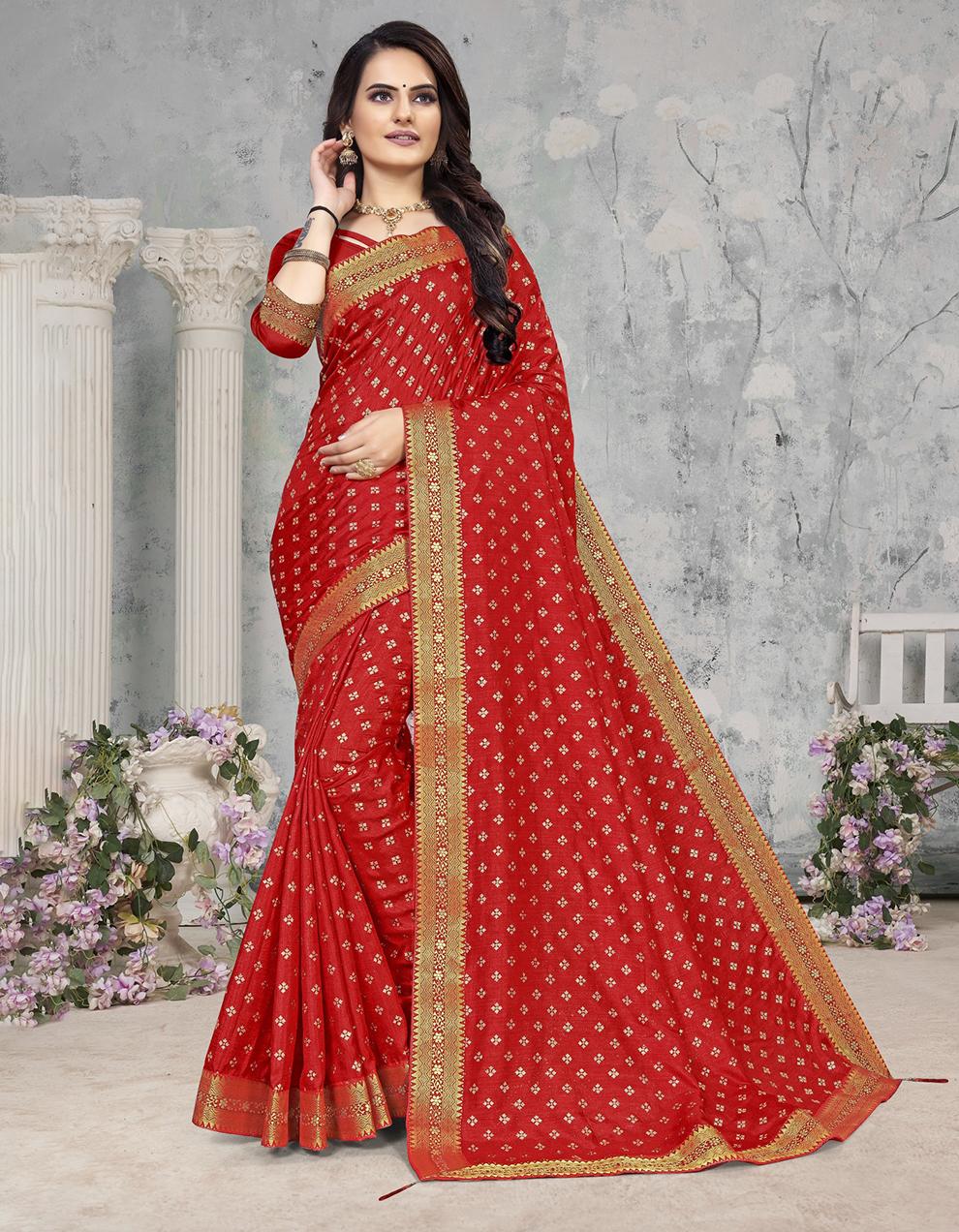 Red Vichitra Silk Saree With Blouse IW27030