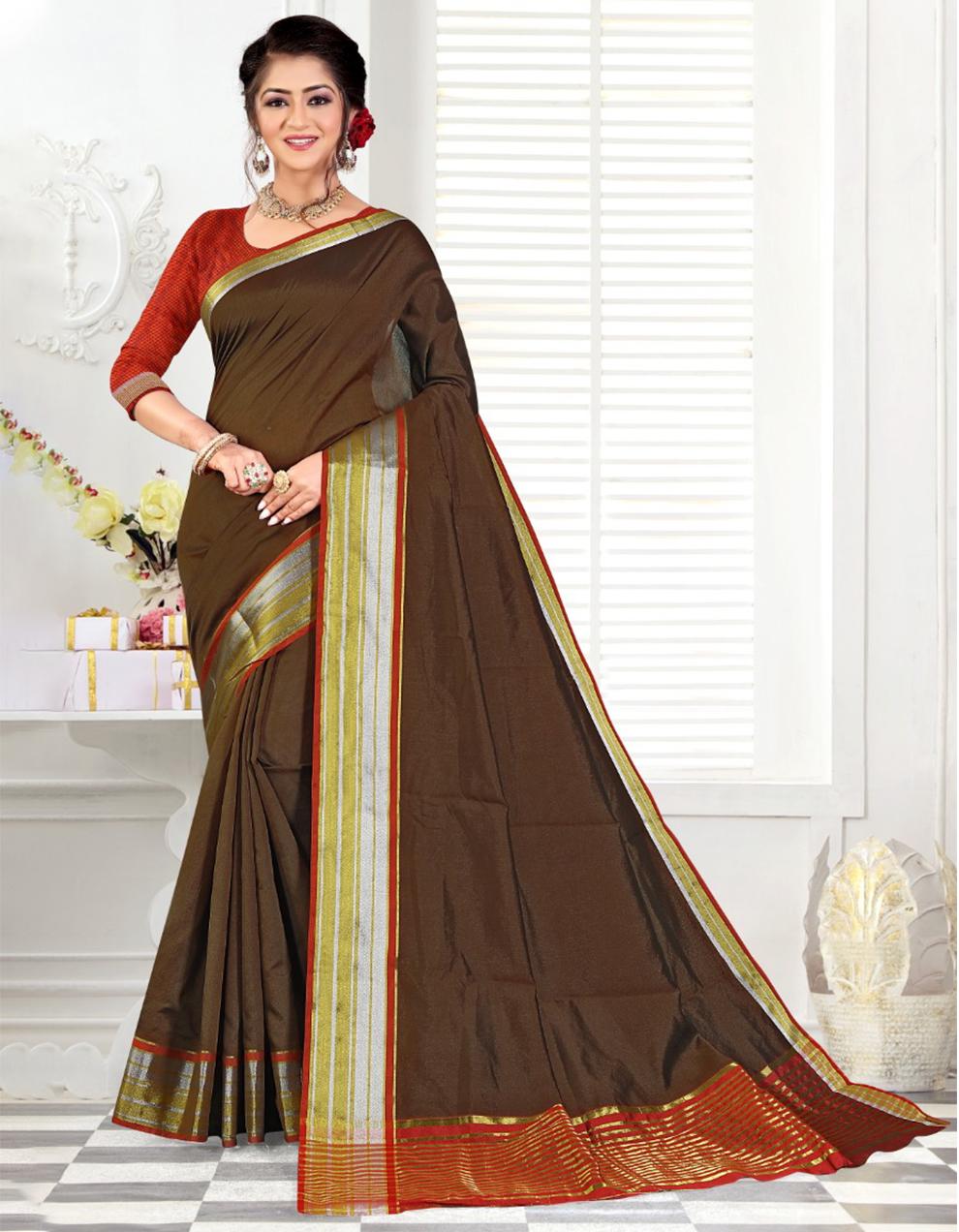 Brown Cotton Silk Saree With Blouse MK25381