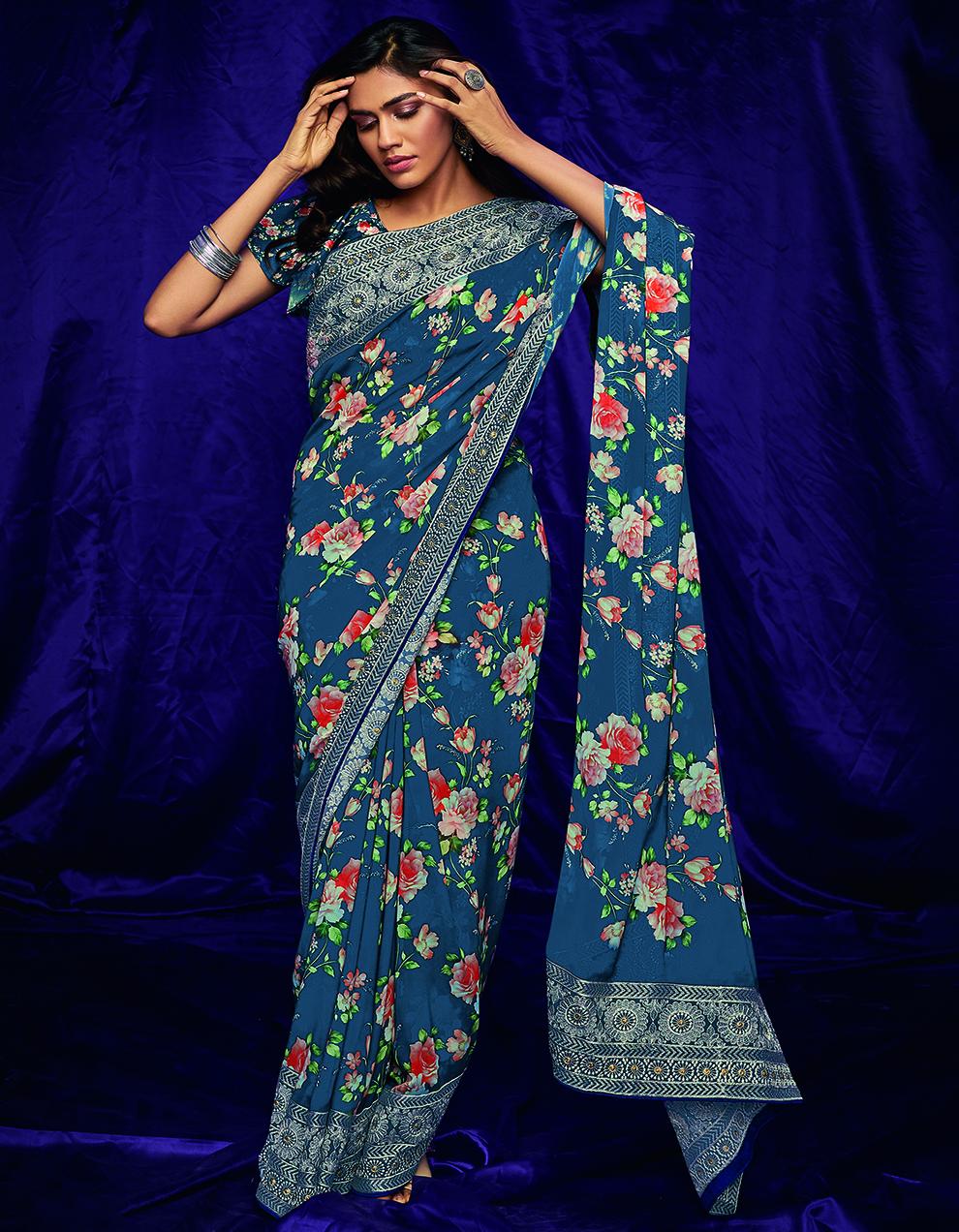 Blue Pure Georgette Saree With Blouse SD26104