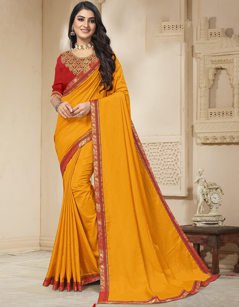 Yellow Vichitra Silk Saree With Blouse IW27048