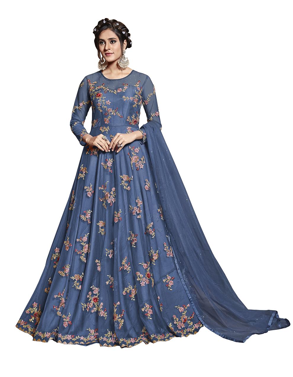 Blue Net Anarkali Suit with Heavy Embroidery Work SAF8659