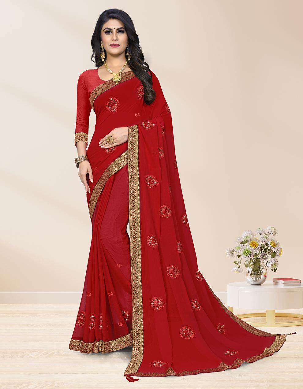 Red Chiffon Saree With Blouse IW26966
