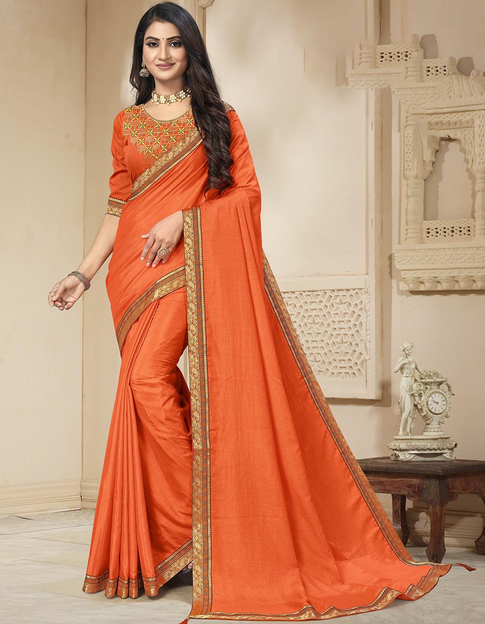 Orange Vichitra Silk Saree With Blouse IW27053