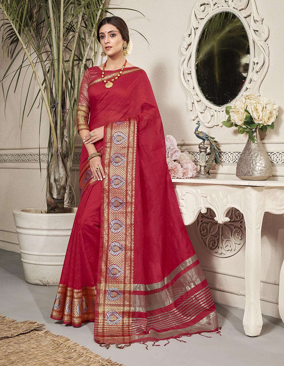 Red Chanderi Cotton Saree With Blouse MK25932