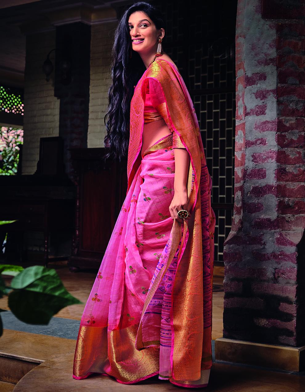 Pink Velvet Chiffon Saree With Blouse SD26150