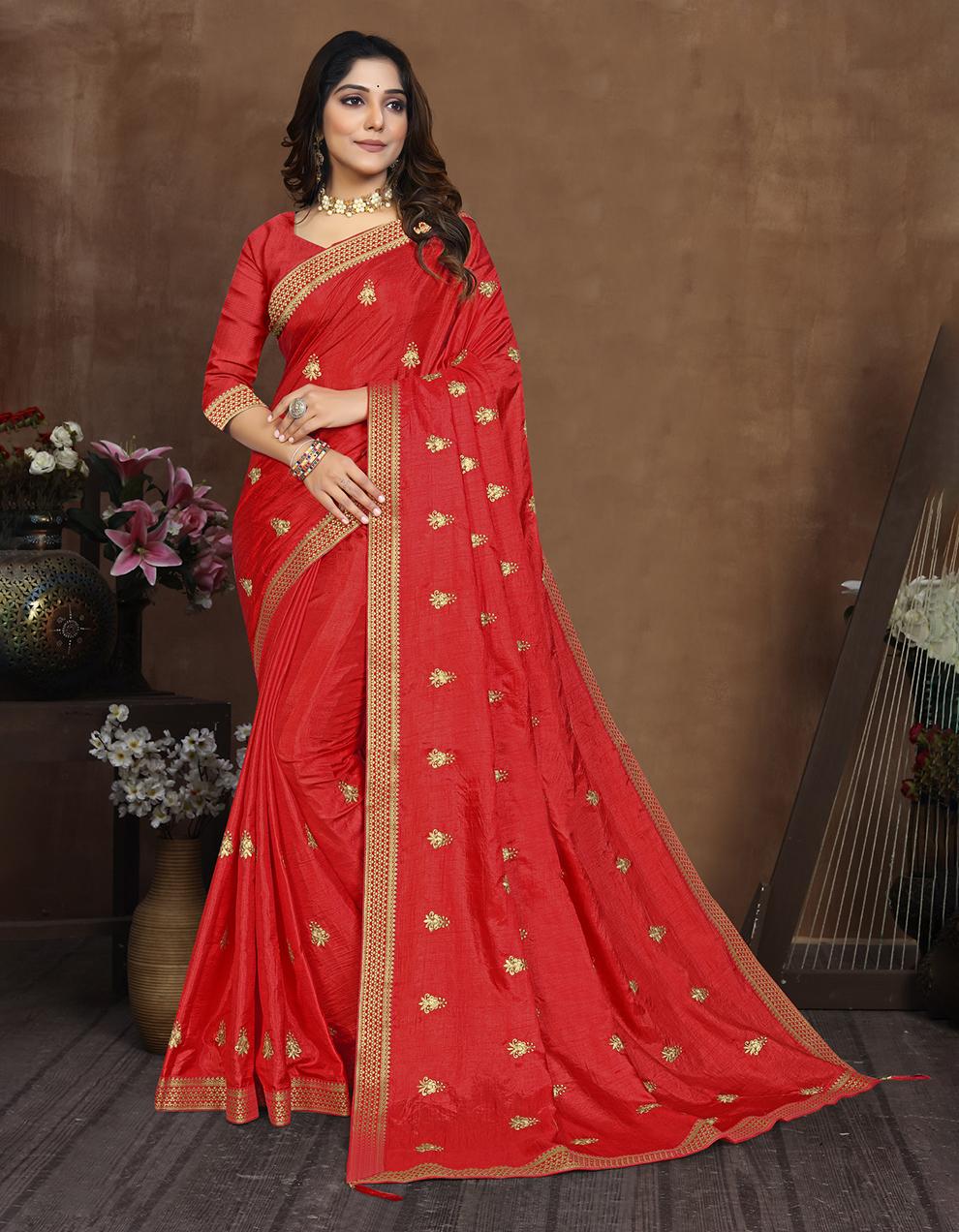 Red Vichitra Silk Saree With Blouse IW27038