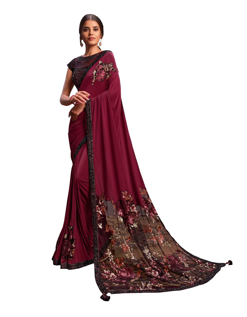 Maroon Lycra Saree With Stitched Blouse MH23966