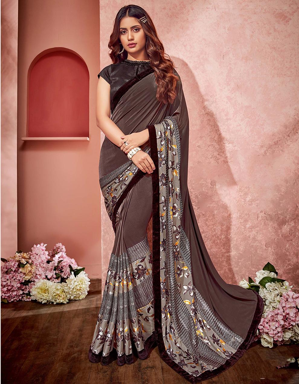 Brown Lycra And Net Saree With Blouse MH20471