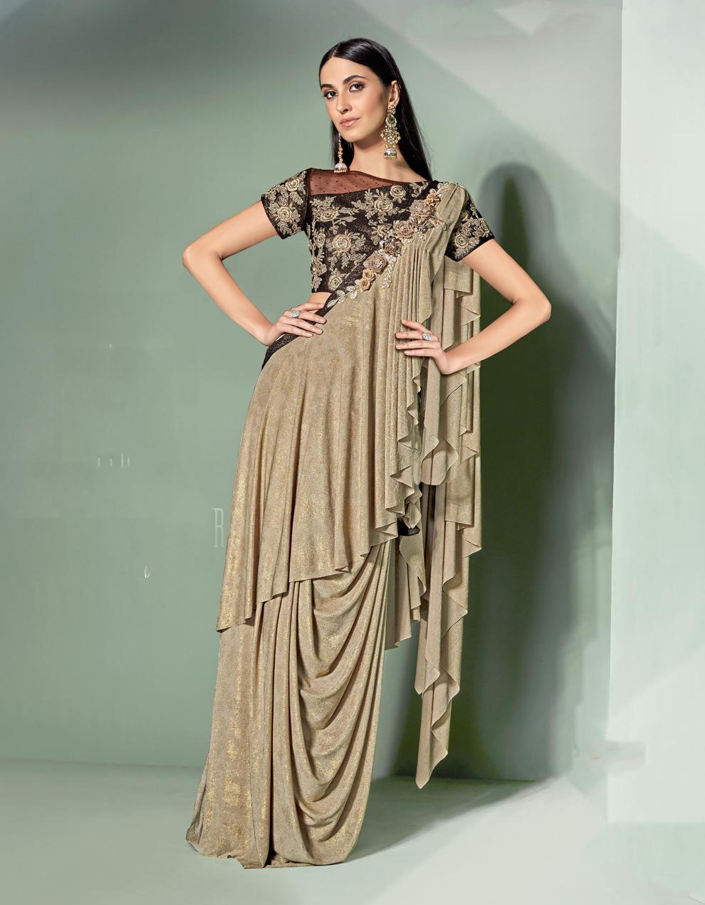 Beige Lycra Ready to Wear Saree With Blouse MH20342