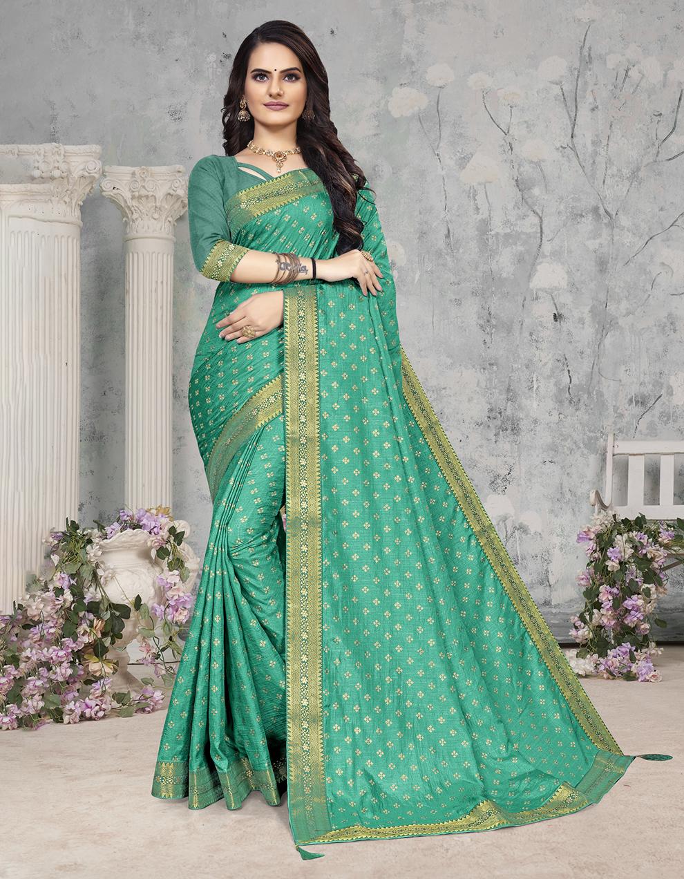 Turquoise Green Vichitra Silk Saree With Blouse IW27031