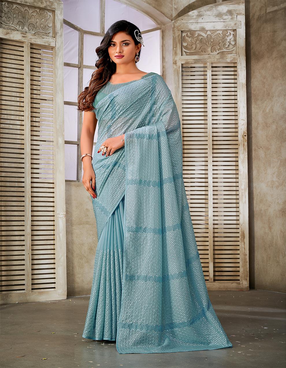 Blue Pure Satin Organza Saree for Women With Blouse SD27717