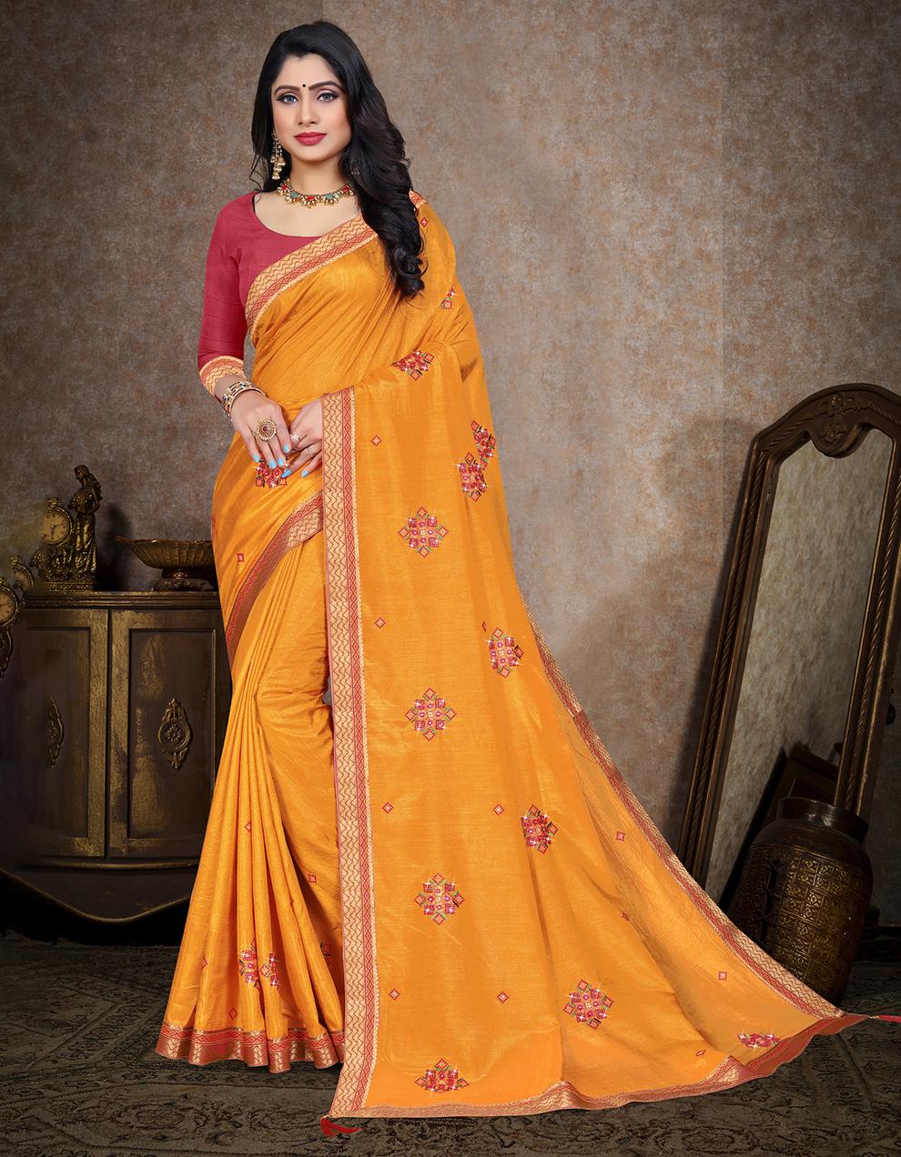 Yellow Vichitra Silk Saree With Blouse IW26975