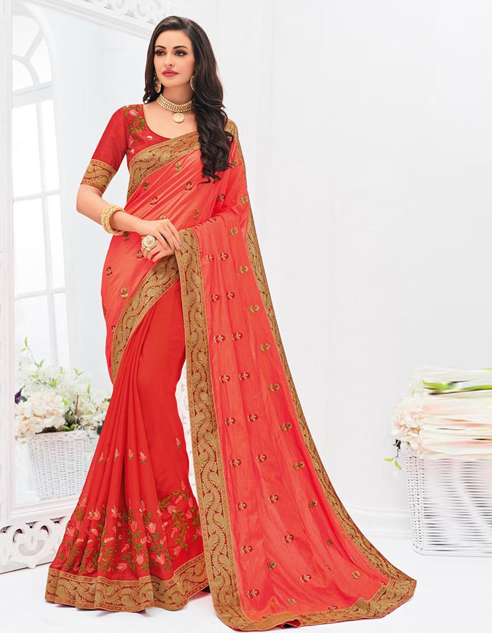Red Two Tone Silk And Moss Chiffon Half and Half Saree With Blouse IW19758