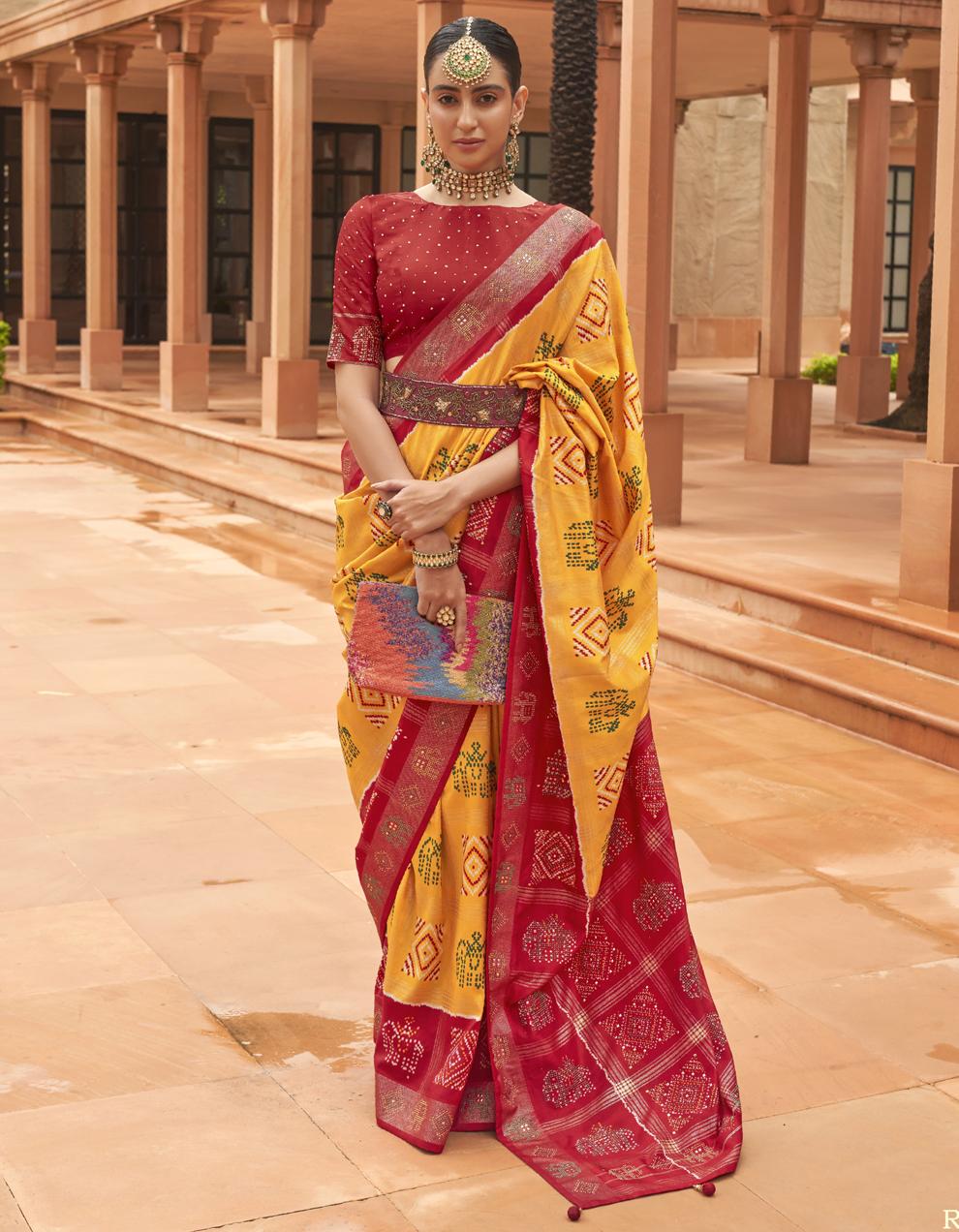 Mustard Yellow Pure Dola Silk Patola Saree for Women With Blouse SD27900