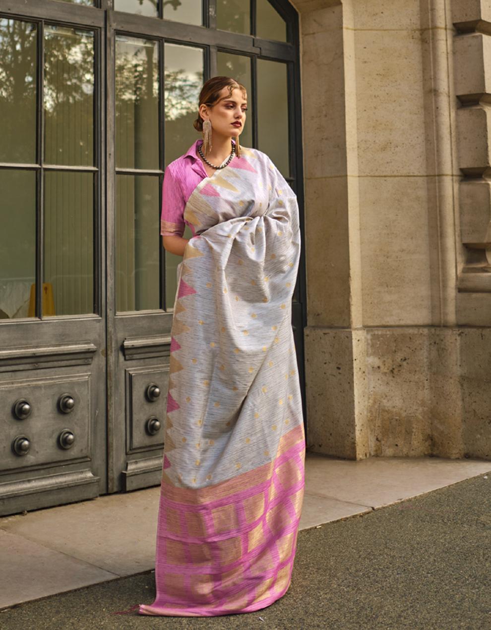 Grey khadi silk Saree for Women With Blouse SD28847