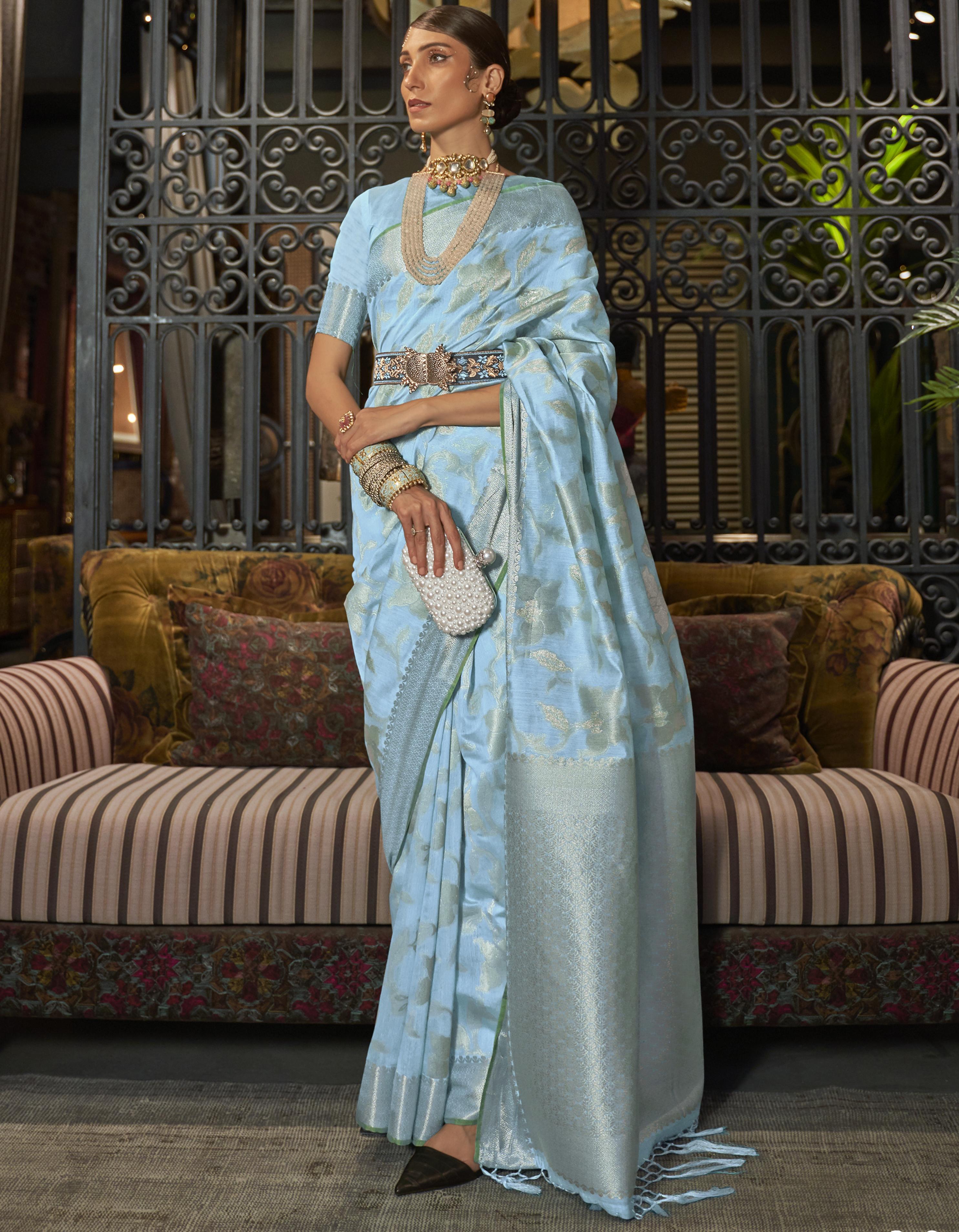 Sky Blue Silk Saree for Women With Blouse SD27205