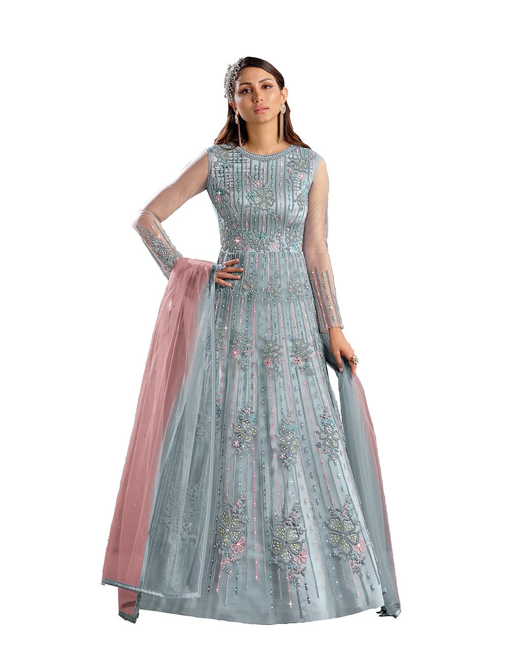 Light Blue Net Anarkali Suit with Heavy Embroidery Work SAF8651